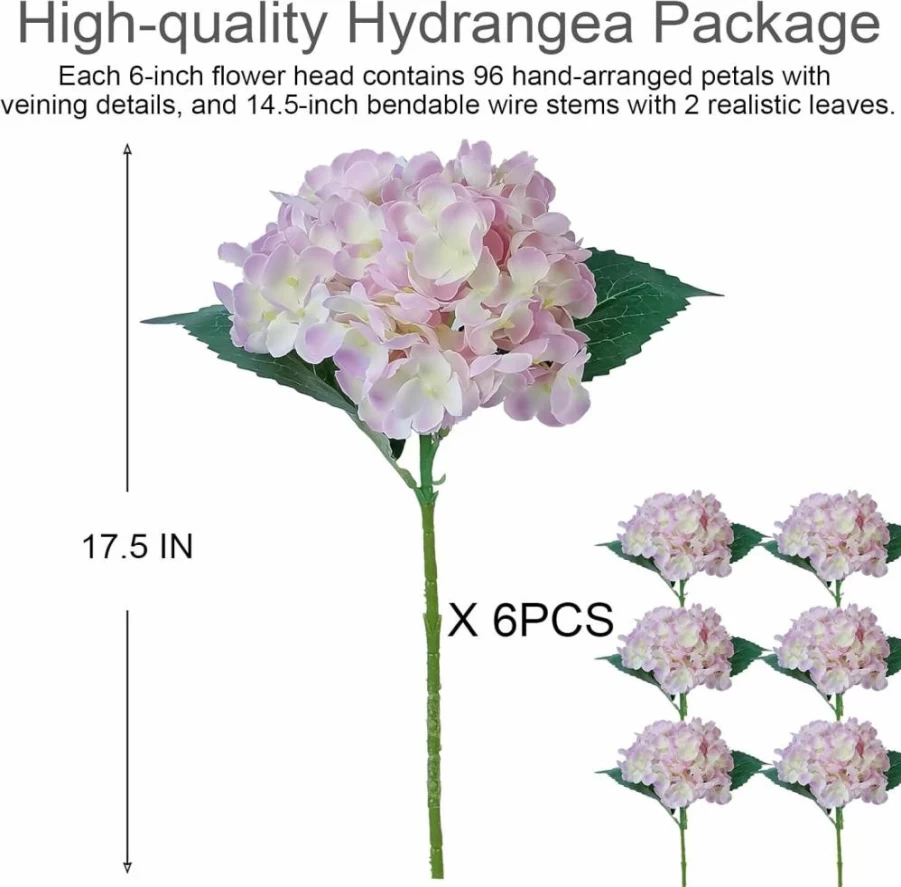 6Pcs Artificial Silk Hydrangea Flowers Bouquet, Pink Fake Hydrangea Heads with Stems for Home Wedding Party Decor, Faux Floral Arrangement