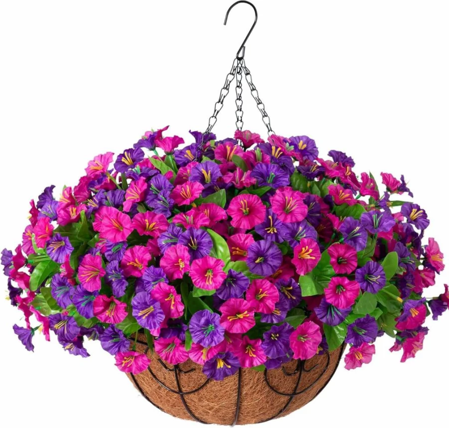Ammyoo Artificial Morning Glory Hanging Flowers Basket - Silk Faux Outdoor Decor for Patio, Garden, Porch - Spring Summer Hanging Plant Arrangement