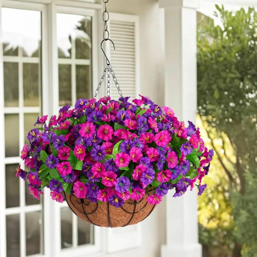 Ammyoo Artificial Morning Glory Hanging Flowers Basket - Silk Faux Outdoor Decor for Patio, Garden, Porch - Spring Summer Hanging Plant Arrangement