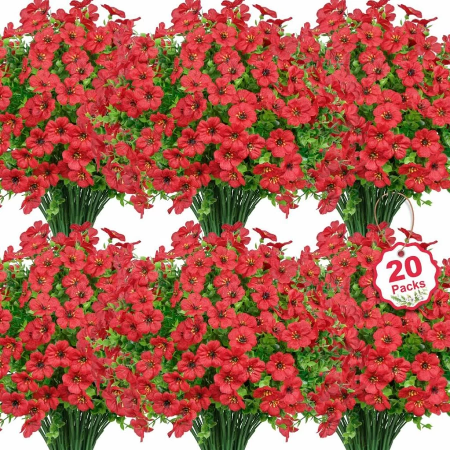 Besteek 20 Bundles UV Resistant Artificial Flowers Outdoor Decor, Fake Daisy Eucalyptus Silk Plants for Garden Porch Window Home Decor, Mixed Spring Summer Faux Floral Arrangement
