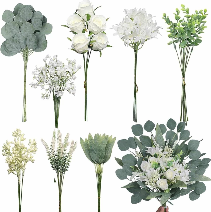 VIERENA 85Pcs Artificial Greenery Stems Box Set - 8 Types Faux Plants & Flowers for DIY Wedding Bouquets, Centerpieces, Floral Arrangements (White & Dusty Green)