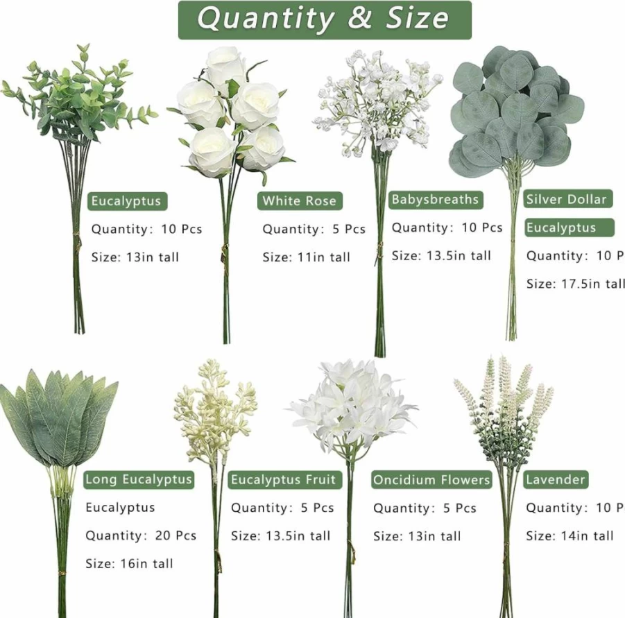 VIERENA 85Pcs Artificial Greenery Stems Box Set - 8 Types Faux Plants & Flowers for DIY Wedding Bouquets, Centerpieces, Floral Arrangements (White & Dusty Green)