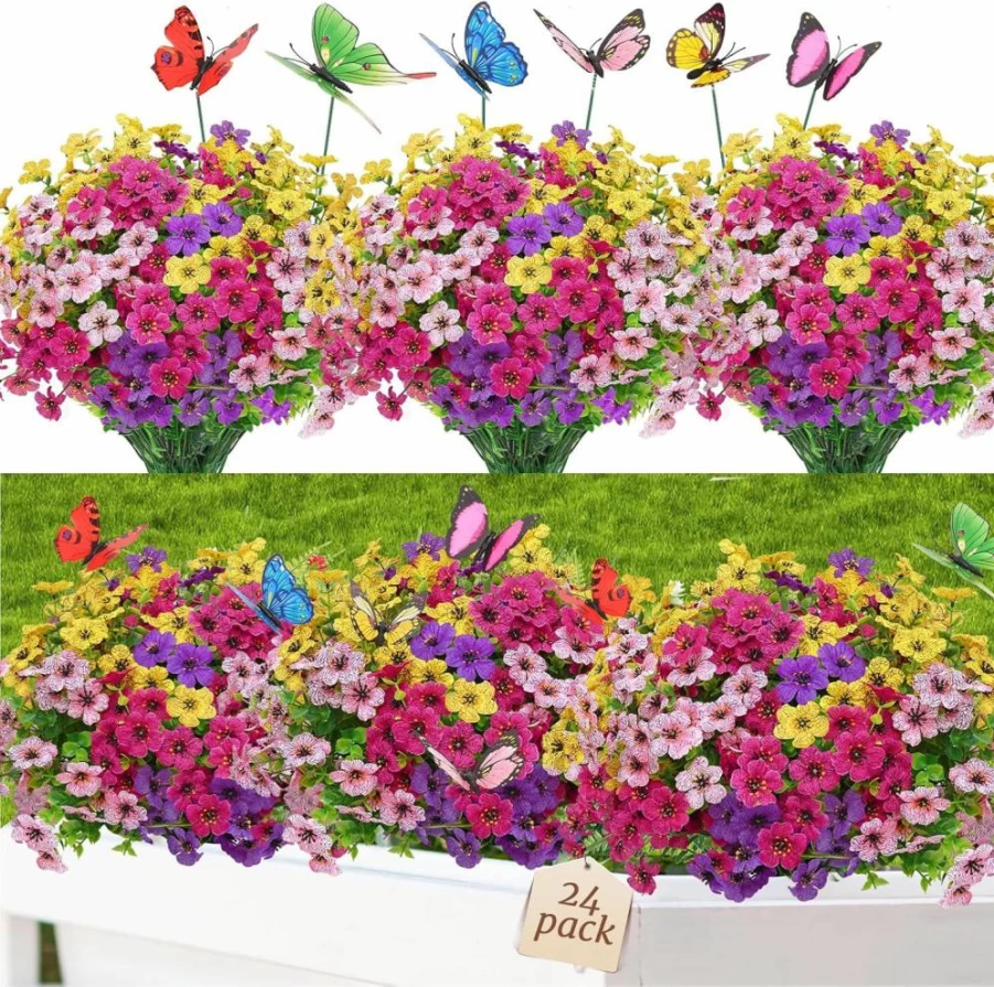 Yastouay 12 Bundles UV Resistant Artificial Flowers for Outdoor Decor - Faux Fuchsia & Rose Red Plants for Garden, Porch, Window Box, and Planters