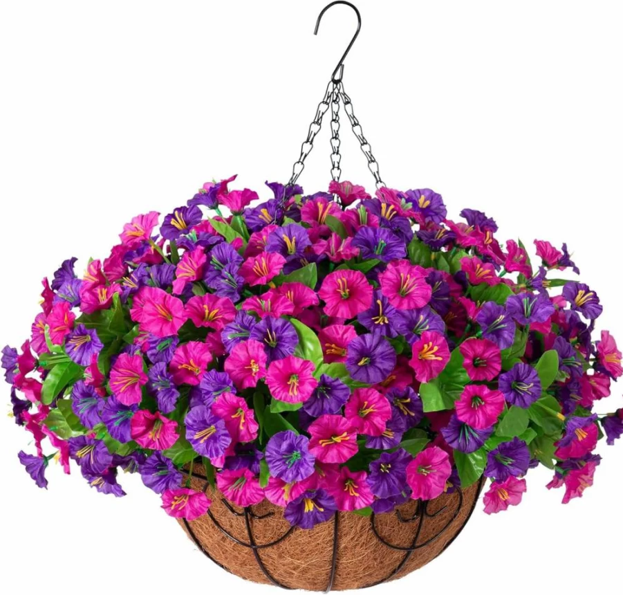 Ammyoo 12 Inch Artificial Hanging Basket with Faux Silk Petunias and Morning Glories, Purple and Red Fake Flowers for Patio Garden Porch Decor
