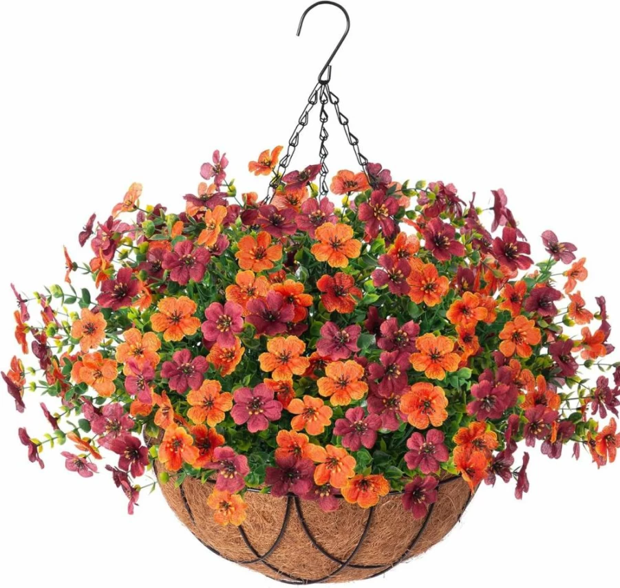 INXUGAO Artificial Silk Daisy Hanging Basket with Eucalyptus Leaves, Faux Flowers in Metal Coconut Pot for Outdoor Indoor Garden Yard Decor (Red Purple)