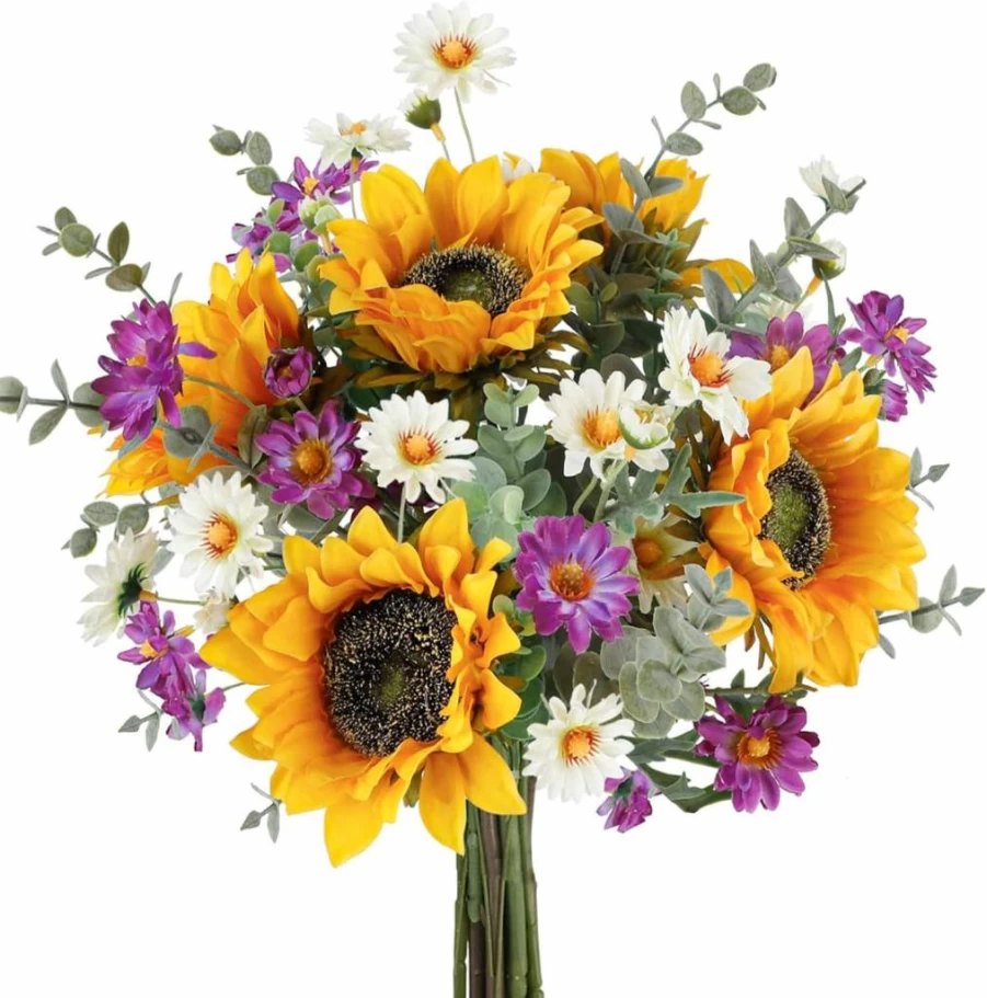 CEWOR 10Pcs Artificial Sunflowers with 20-inch Stems - Fake Sunflower Bouquet for Wedding, Home, Party Decor - Indoor Outdoor Fall Decorations Bulk