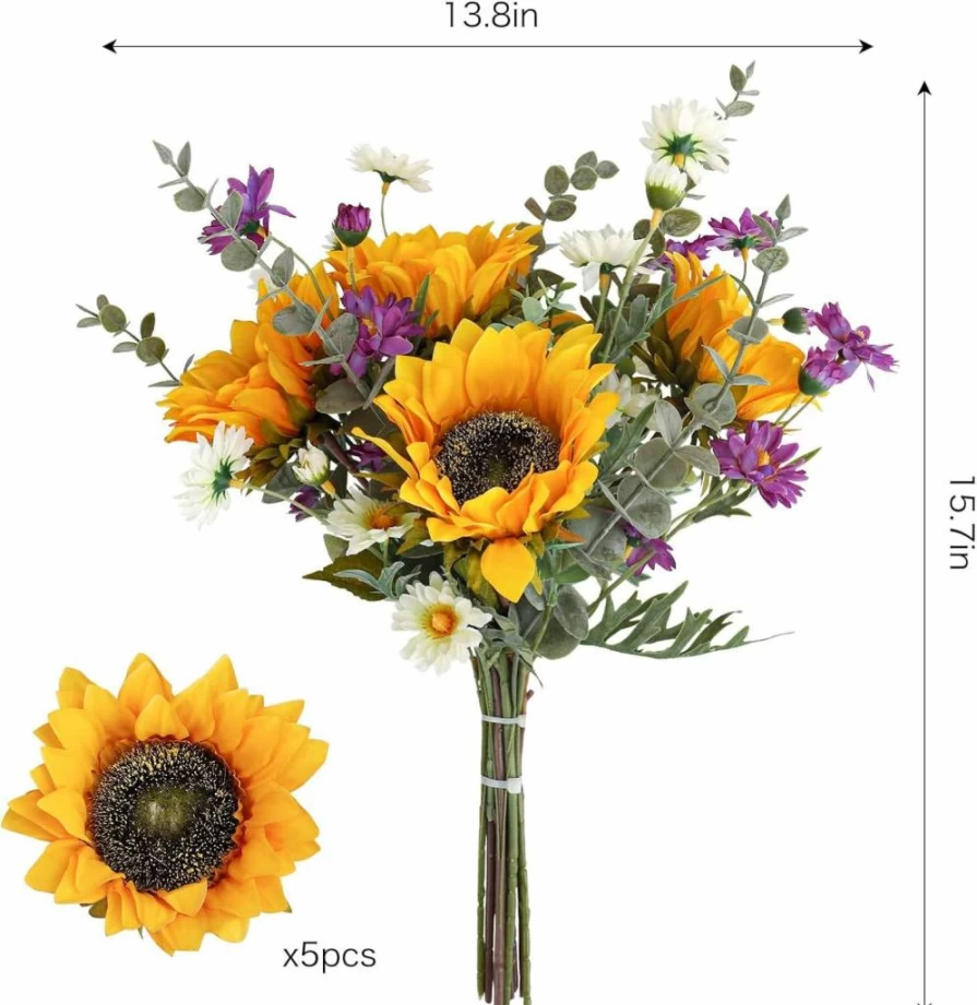 CEWOR 10Pcs Artificial Sunflowers with 20-inch Stems - Fake Sunflower Bouquet for Wedding, Home, Party Decor - Indoor Outdoor Fall Decorations Bulk