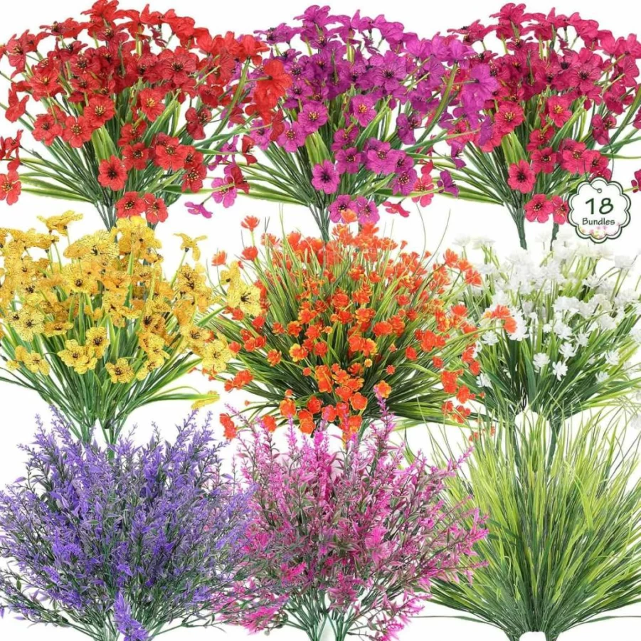 Dexpinzo 20 Bundles UV Resistant Artificial Flowers for Outdoor Decor, Faux Shrubs Plants for Garden, Patio, Porch, Wedding, Farmhouse, Window Box Hanging