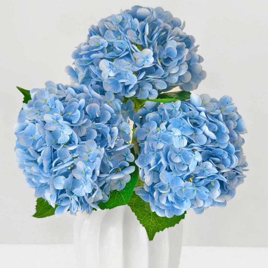 Cherica Real Touch Blue Hydrangea Artificial Flowers - 3 Pack Silk Fake Flowers for Outdoor Home Decor, Wedding Bouquets, Centerpieces, and Vase Arrangements