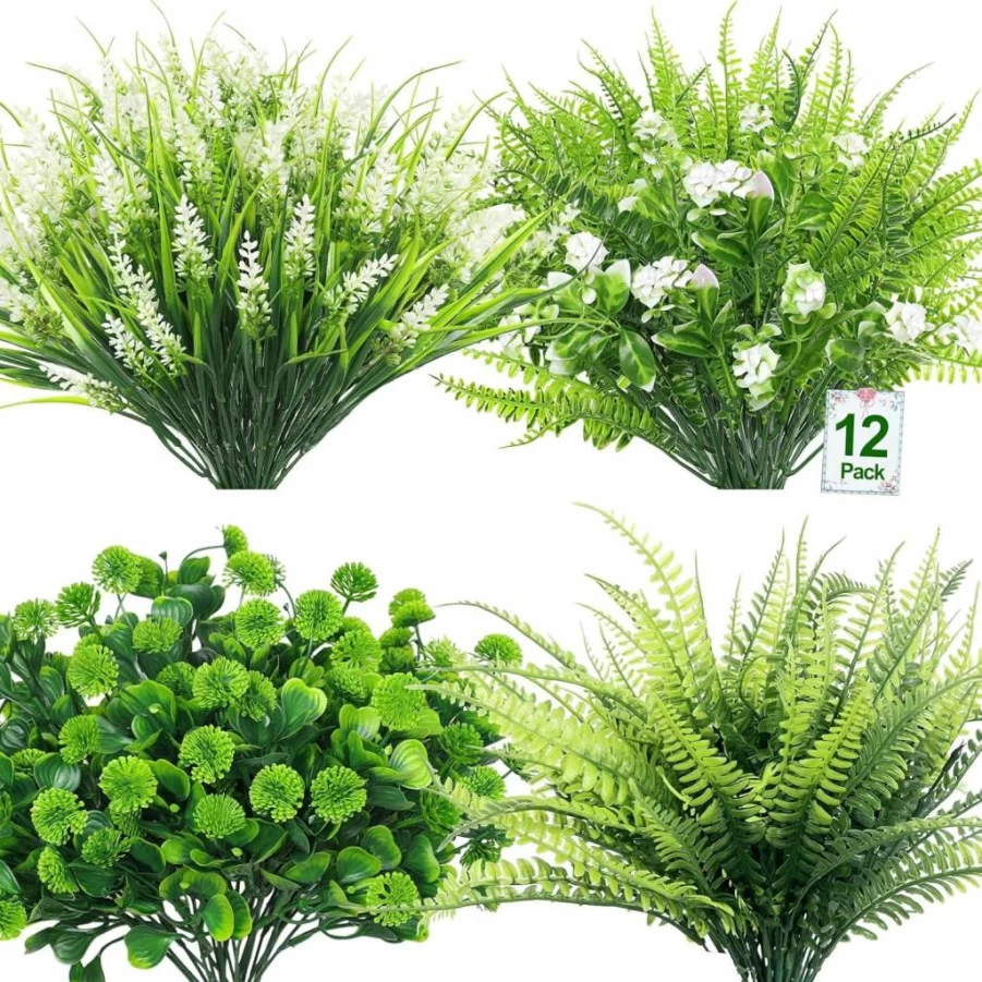 TURNMEON 12 Bundles UV Resistant Artificial Plants Outdoor, 4 Styles Fake Greenery Shrubs for Garden Home Decor - Boston Fern & Lavender Plastic Faux Plants