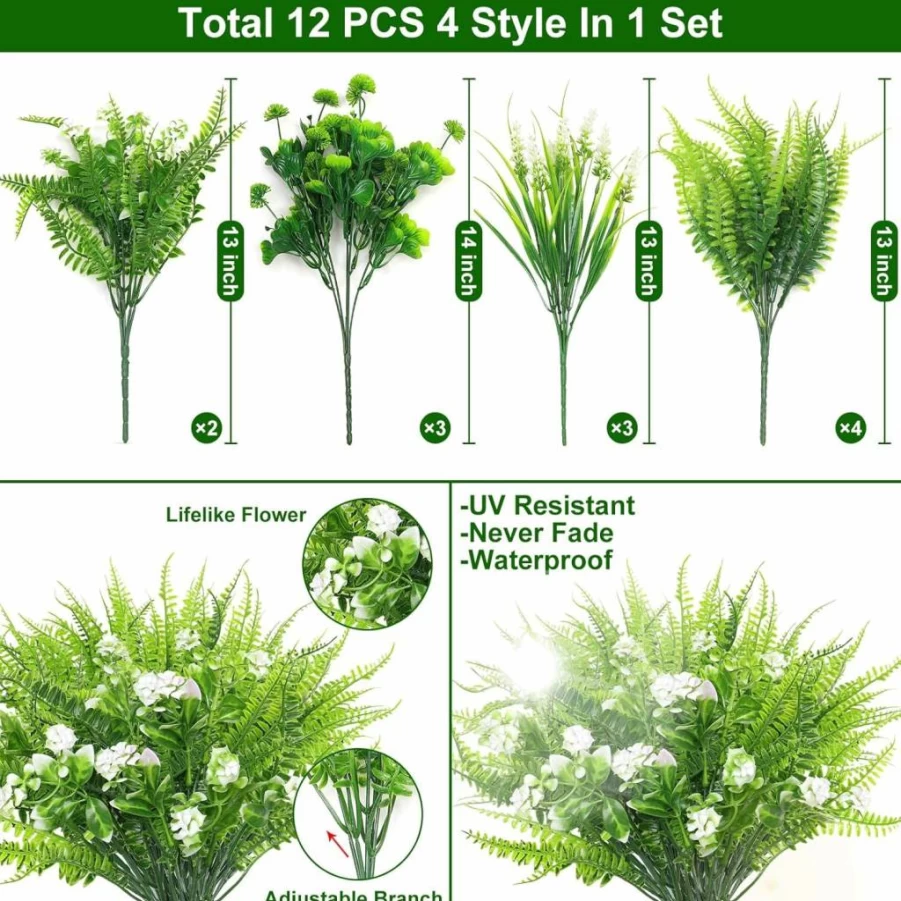 TURNMEON 12 Bundles UV Resistant Artificial Plants Outdoor, 4 Styles Fake Greenery Shrubs for Garden Home Decor - Boston Fern & Lavender Plastic Faux Plants