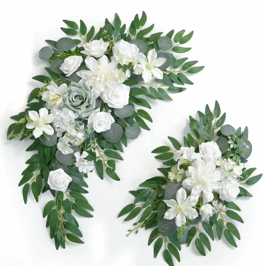 Piklado White Faux Arch Flower Swag Set of 2 - Wedding Welcome Sign Decor for Reception & Ceremony Floral Arrangements