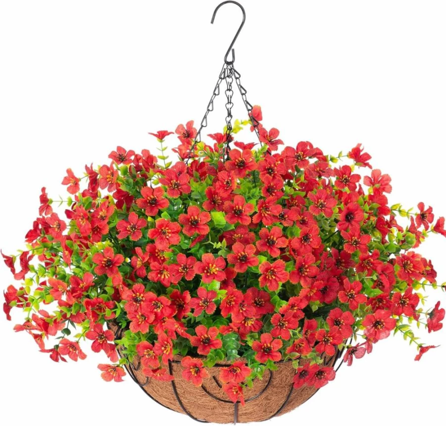 HyeFlora Artificial Hanging Plants Basket - UV Resistant Fake Daisy Eucalyptus for Outdoor Porch, Patio, Balcony Decor