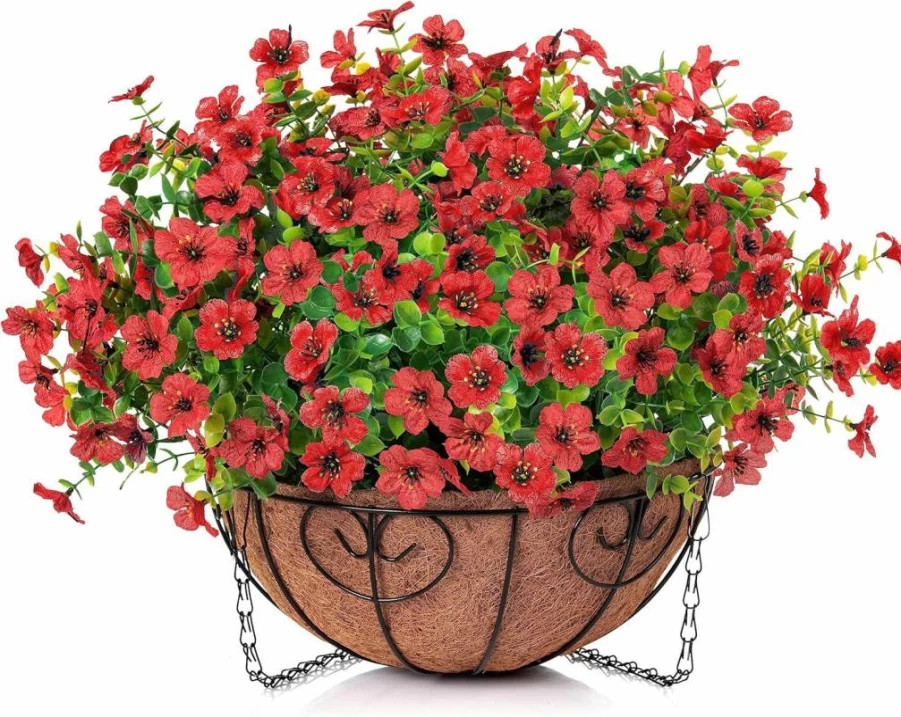 HyeFlora Artificial Hanging Plants Basket - UV Resistant Fake Daisy Eucalyptus for Outdoor Porch, Patio, Balcony Decor
