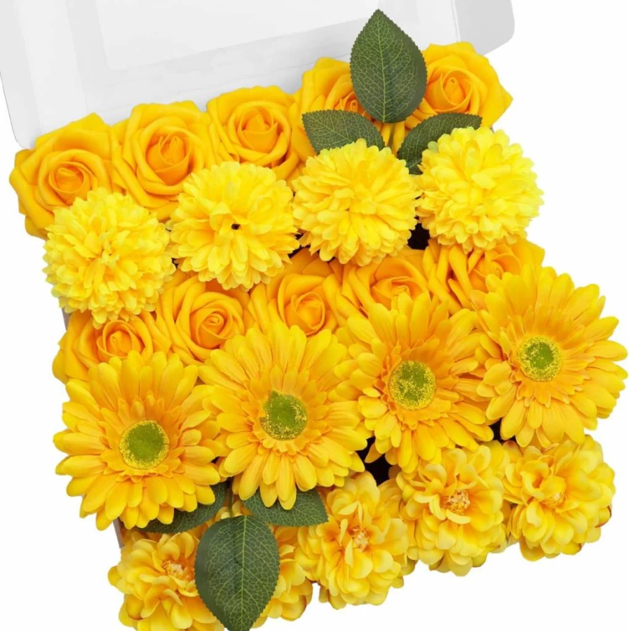 TINGE TIME Artificial Flowers Set - Bright Yellow Gradient Fake Flowers with Stems for DIY Wedding Bouquets, Centerpieces, Baby Shower, and Home Decor