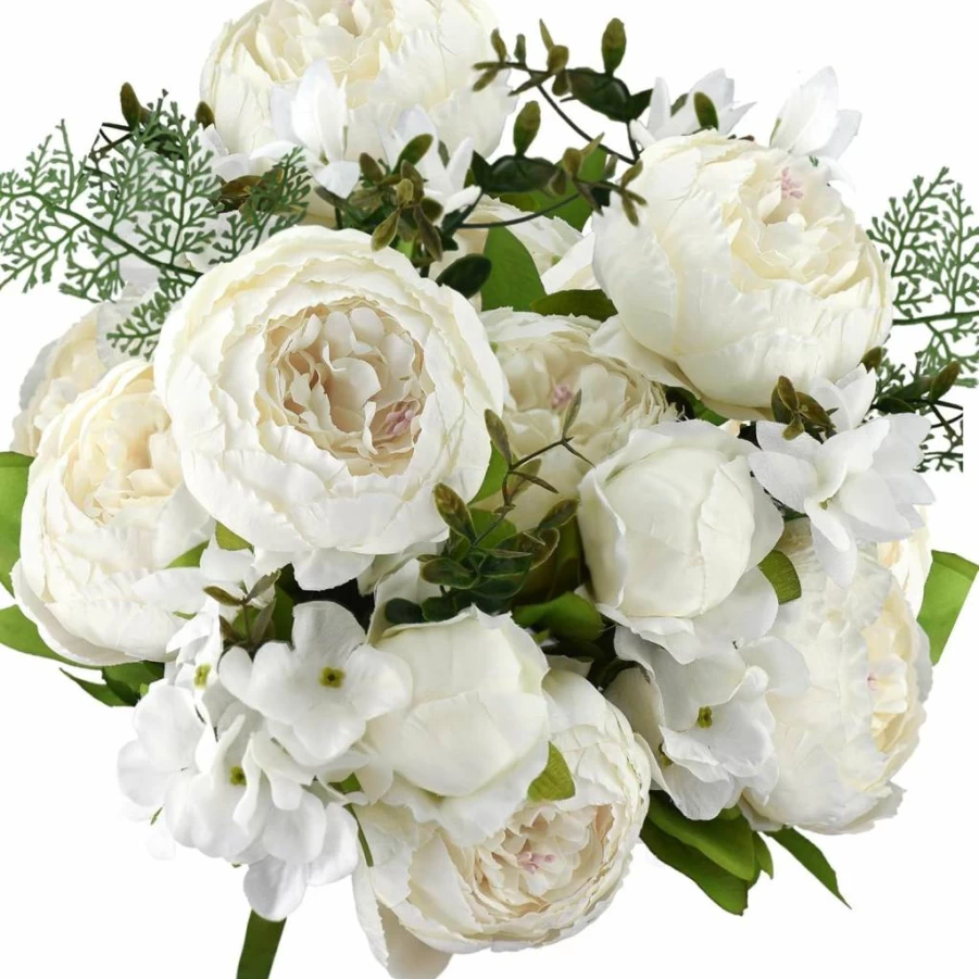 FiveSeasonStuff Vintage Silk Peonies & Hydrangeas Bouquet - Rustic Brown Beige Green Artificial Flowers for Wedding, Bridal, Home Decor, Floral Centerpiece (2 Pack)