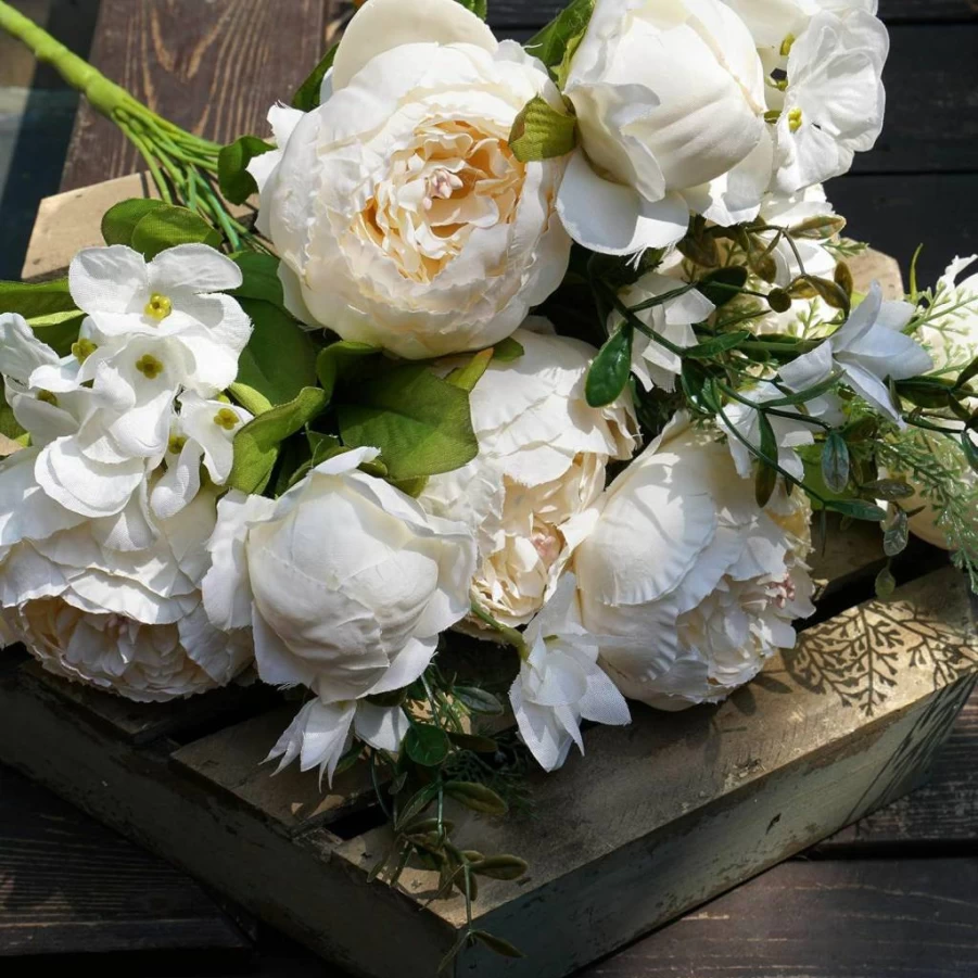 FiveSeasonStuff Vintage Silk Peonies & Hydrangeas Bouquet - Rustic Brown Beige Green Artificial Flowers for Wedding, Bridal, Home Decor, Floral Centerpiece (2 Pack)