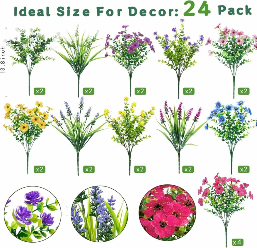 Ouddy Decor 24-Pack UV Resistant Artificial Flowers Outdoor Fake Lavender Plants for Garden Patio Home Decor Multicolor Faux Plastic Flowers