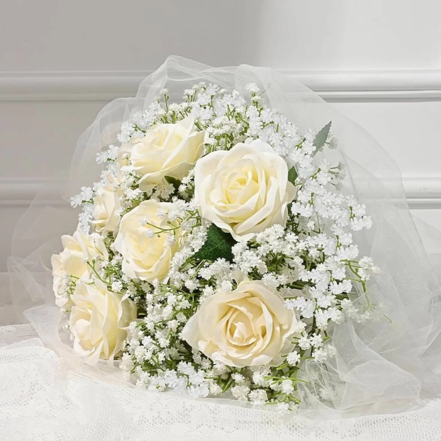 Dolicer 5 Pcs Real Touch Artificial Baby's Breath Flowers, White Long Stem Gypsophila for Wedding Bouquets, Bridal Decor, and Home Arrangements