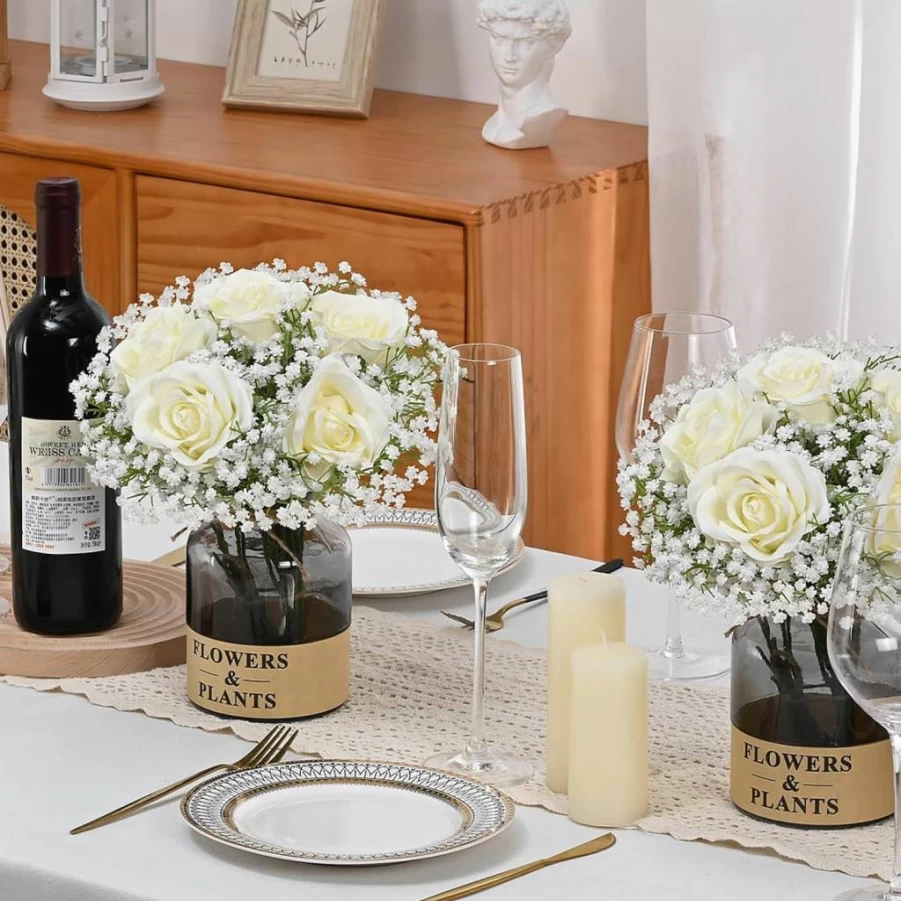 Dolicer 5 Pcs Real Touch Artificial Baby's Breath Flowers, White Long Stem Gypsophila for Wedding Bouquets, Bridal Decor, and Home Arrangements