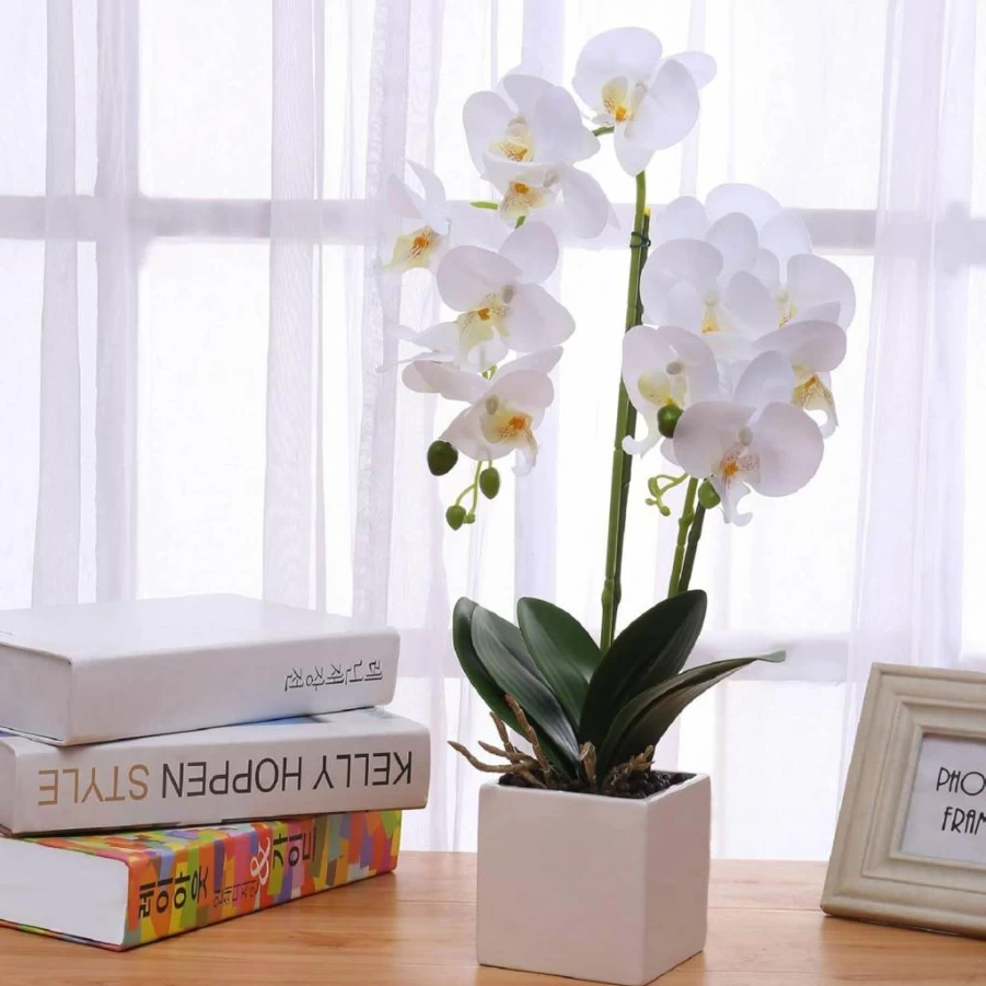 GXLMII Real Touch White Phalaenopsis Orchid Artificial Plant in Vase - Large Faux Orchids for Indoor Decor, Table Centerpieces, Home & Room Decoration