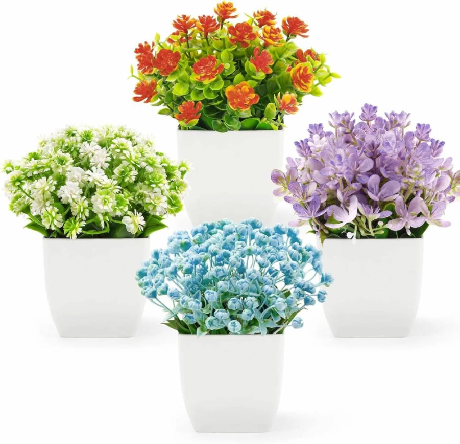 Der Rose 4 Pack Mini Artificial Potted Plants - Fake Greenery for Indoor Home Decor, Office, Farmhouse & Bathroom Tabletop Decorations