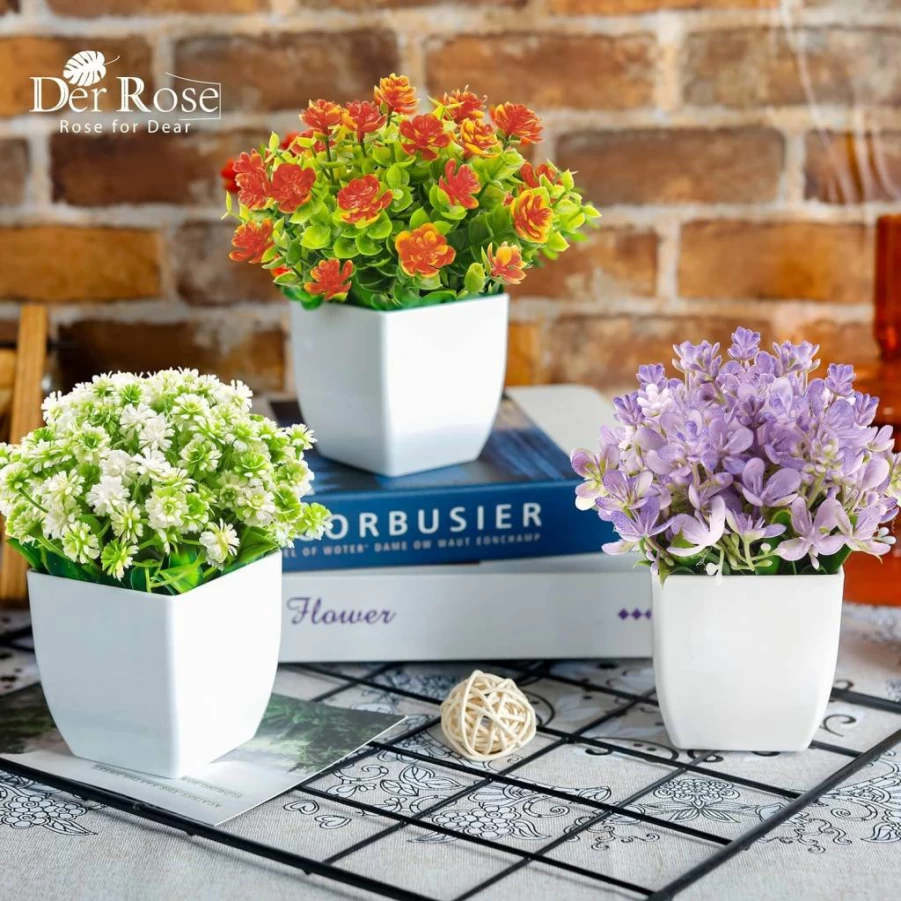 Der Rose 4 Pack Mini Artificial Potted Plants - Fake Greenery for Indoor Home Decor, Office, Farmhouse & Bathroom Tabletop Decorations