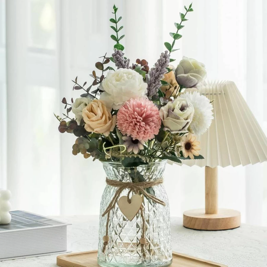 Aubcee Artificial Peony Flowers in Vase - Realistic Faux Silk Floral Arrangement for Home Decor, Centerpiece, Living Room, Coffee Table, and Bathroom Decorations