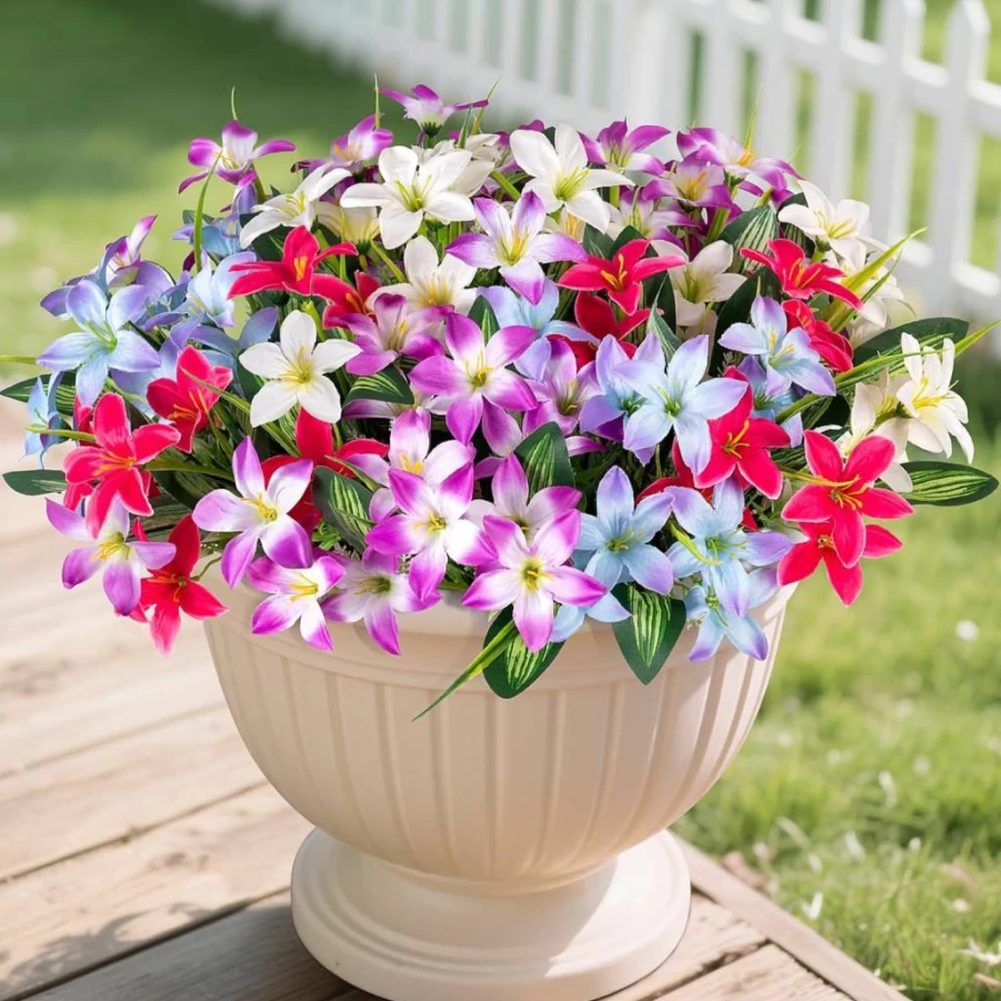 Ammyoo 10 Bundles Realistic UV Resistant Artificial Silk Lilies Flowers for Outdoor Decor - Faux Red White Purple Roses for Porch, Patio, Yard, Spring Summer Decoration