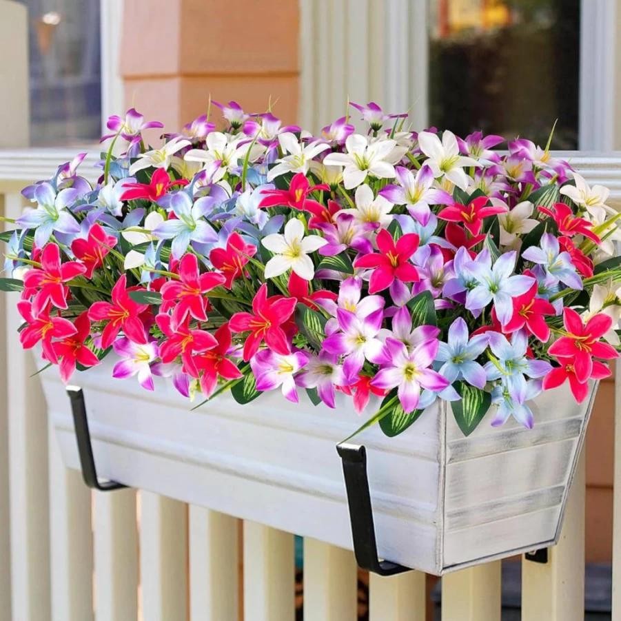 Ammyoo 10 Bundles Realistic UV Resistant Artificial Silk Lilies Flowers for Outdoor Decor - Faux Red White Purple Roses for Porch, Patio, Yard, Spring Summer Decoration