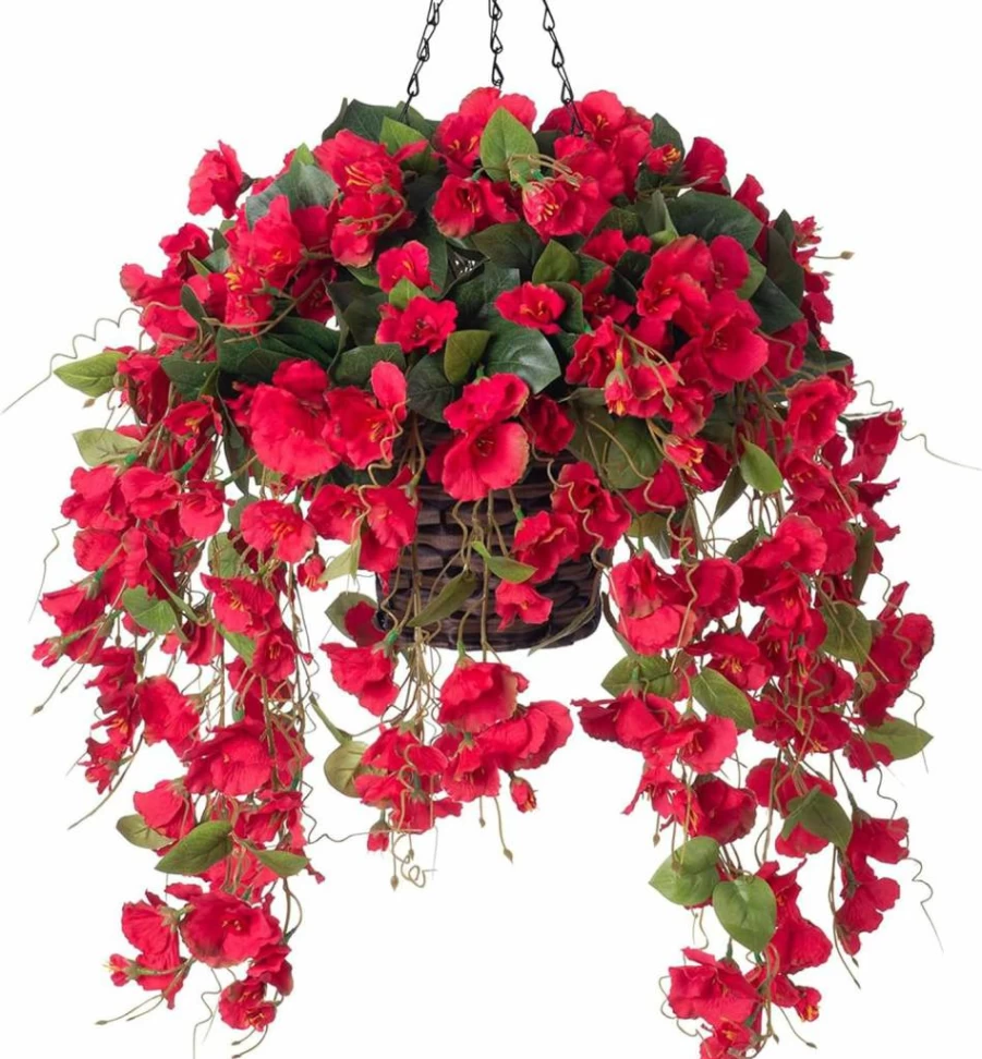 HyeFlora Artificial Pink Hibiscus Hanging Plant - UV Resistant Faux Silk Flowers for Outdoor Porch, Balcony, Patio Decor - Realistic Fake Long Vine in Planter Basket for Spring Summer Home & Yard