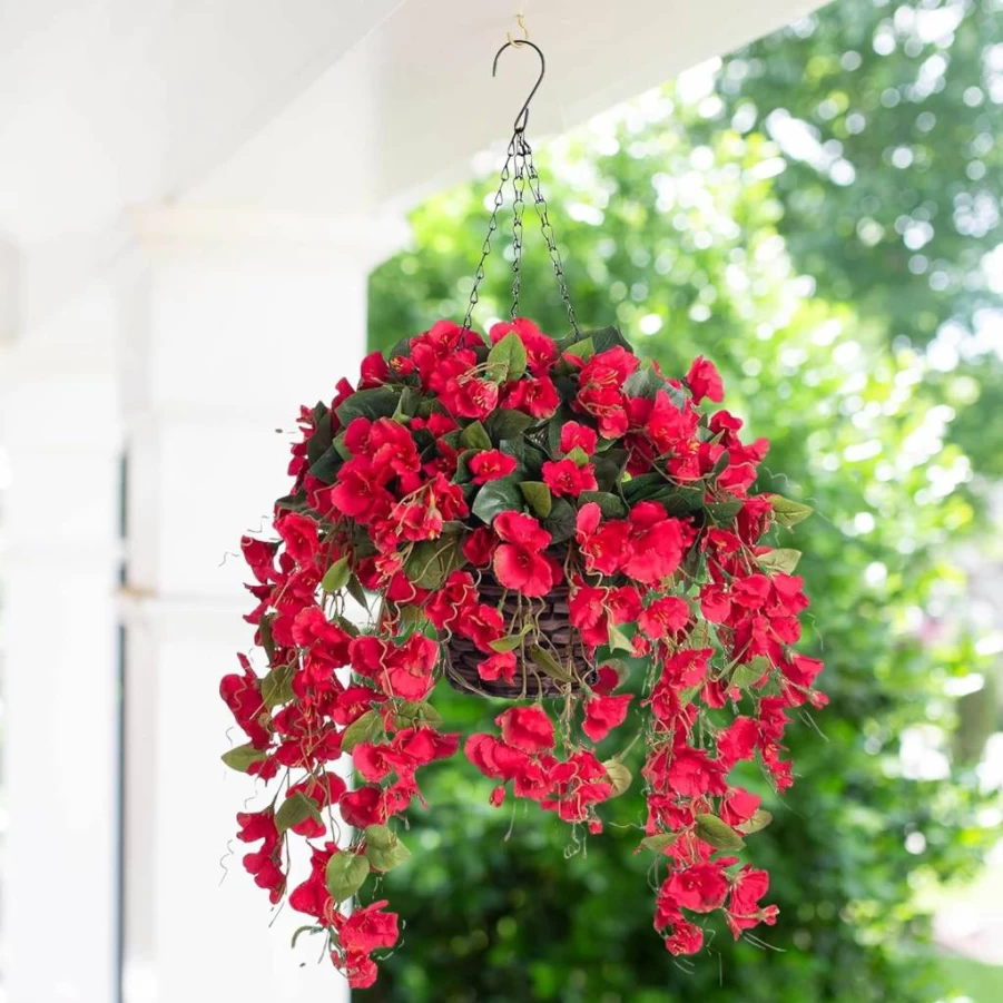 HyeFlora Artificial Pink Hibiscus Hanging Plant - UV Resistant Faux Silk Flowers for Outdoor Porch, Balcony, Patio Decor - Realistic Fake Long Vine in Planter Basket for Spring Summer Home & Yard