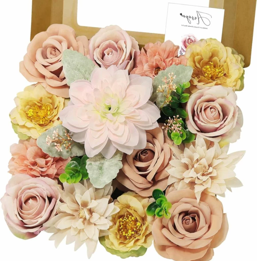 AUSOGO Artificial Silk Roses Bouquet Set - White & Blue Fake Flowers for Wedding, Baby Shower, Home Decor, DIY Centerpieces, Cake Decoration