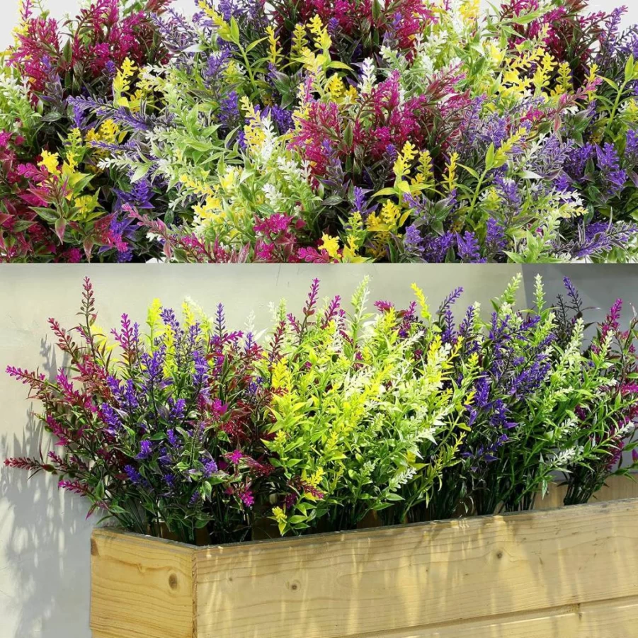 Xinnun 24-Pack Artificial Lavender Plants UV Resistant Fake Outdoor Flowers for Garden Porch Indoor Decor Faux Greenery Bundle
