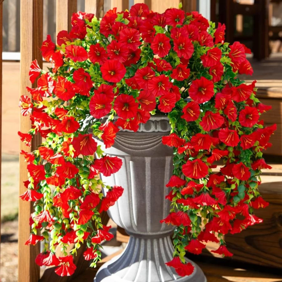 Ivydale Artificial Hanging Flowers - 2 Pack UV Resistant Fake Morning Glory & Eucalyptus Leaves for Outdoor Garden Decor (Yellow)
