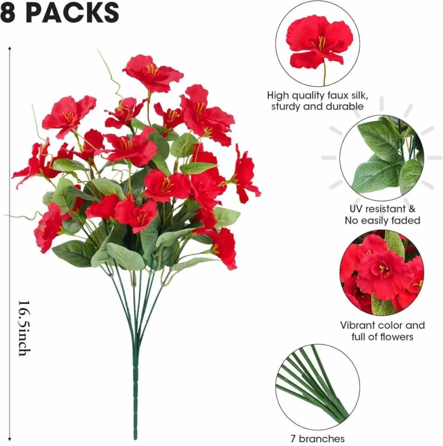 Besteek 8 Bundles Artificial Hibiscus Flowers, UV Resistant Fake Silk Flowers for Outdoors, Realistic Faux Plants for Garden, Patio, Porch, Vase, Window Box, and Home Decor, Fuchsia