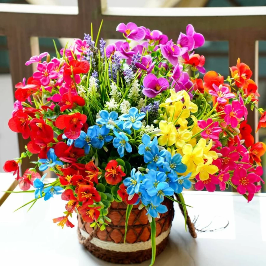 Trytuny 18-Pack UV Resistant Artificial Flowers for Outdoor & Indoor Use, Realistic Faux Silk Floral Decor for Porch, Patio, Window Box Planter in Rosy Red, Yellow, Blue