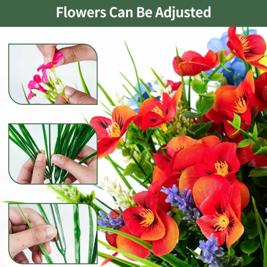 Trytuny 18-Pack UV Resistant Artificial Flowers for Outdoor & Indoor Use, Realistic Faux Silk Floral Decor for Porch, Patio, Window Box Planter in Rosy Red, Yellow, Blue