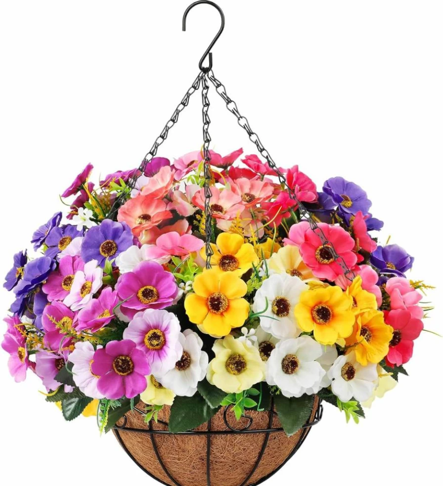 Ouddy Decor Artificial Hanging Flowers in Coconut Basket - Silk Fake Hanging Plants for Indoor Outdoor Garden, Porch, Patio, Balcony Decor - Multicolor