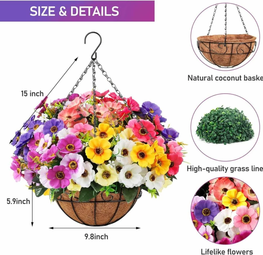 Ouddy Decor Artificial Hanging Flowers in Coconut Basket - Silk Fake Hanging Plants for Indoor Outdoor Garden, Porch, Patio, Balcony Decor - Multicolor