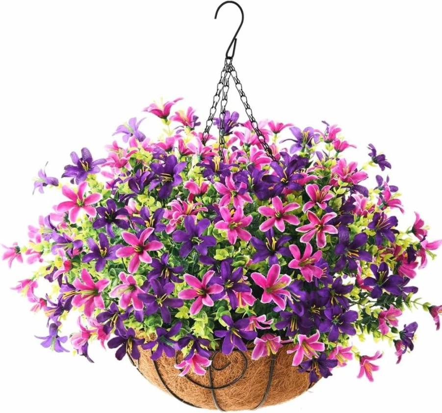 INQCMY Artificial Hanging Violet Flowers Basket - UV Resistant Faux Silk Floral Arrangement for Outdoor Garden, Balcony, Porch Decor (Light Red Purple) - Summer Home Decoration