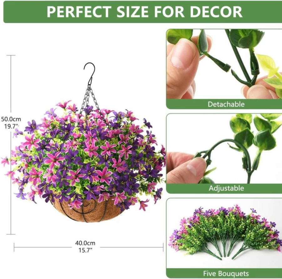 INQCMY Artificial Hanging Violet Flowers Basket - UV Resistant Faux Silk Floral Arrangement for Outdoor Garden, Balcony, Porch Decor (Light Red Purple) - Summer Home Decoration