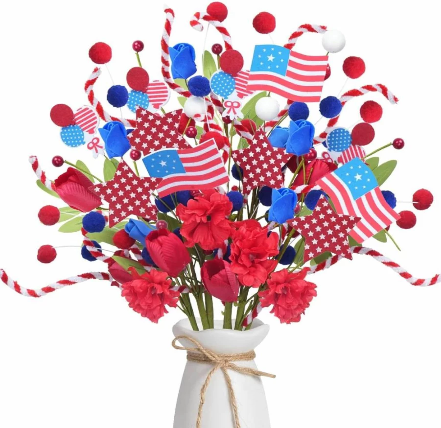 HUAESIN Patriotic Memorial Bouquet - 8 Pcs Red White Blue Artificial Flowers for Cemetery, 4th of July, Memorial Day, Veterans Day Decor - Faux Berry Stars Picks