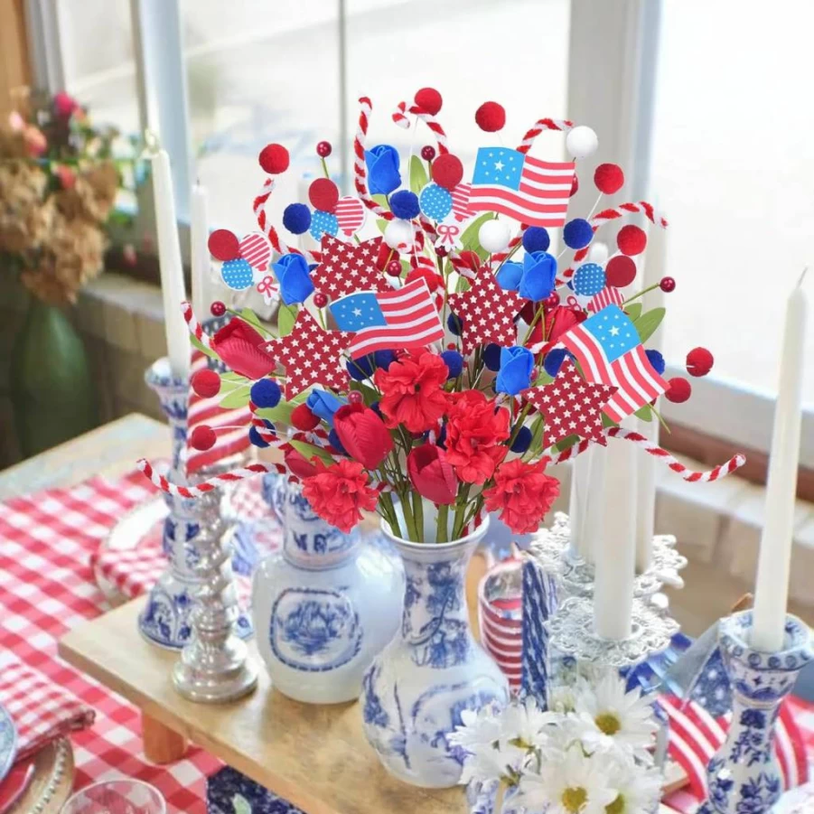 HUAESIN Patriotic Memorial Bouquet - 8 Pcs Red White Blue Artificial Flowers for Cemetery, 4th of July, Memorial Day, Veterans Day Decor - Faux Berry Stars Picks