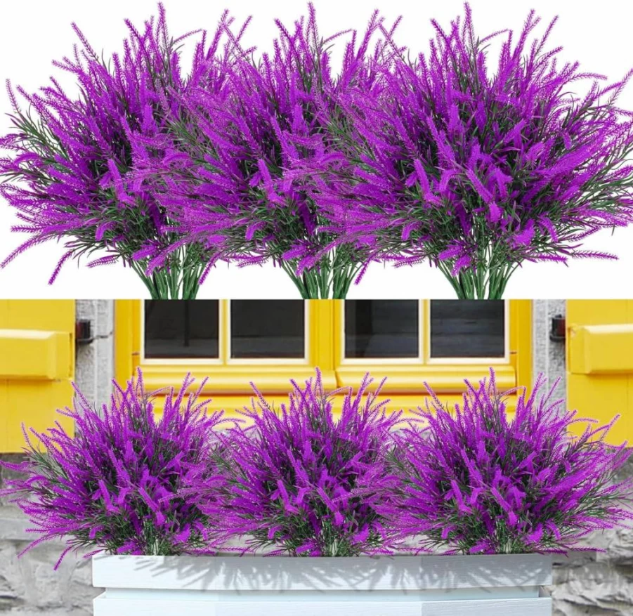 Ximiloor 12 Bundles Artificial Lavender Flowers UV Resistant Fake Outdoor Plants for Garden Porch Home Decor Purple Faux Plastic Shrubs