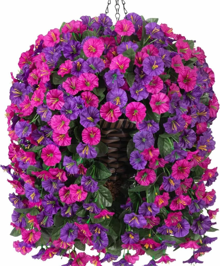 Hoppwood UV Resistant Artificial Fuchsia Morning Glory Hanging Basket for Outdoor Porch, Patio & Balcony Decor - Realistic Fake Silk Flowers in Planter for All Seasons
