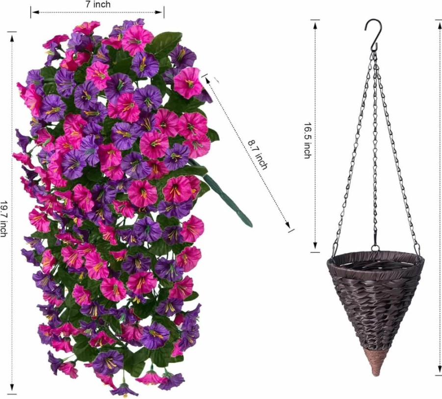 Hoppwood UV Resistant Artificial Fuchsia Morning Glory Hanging Basket for Outdoor Porch, Patio & Balcony Decor - Realistic Fake Silk Flowers in Planter for All Seasons