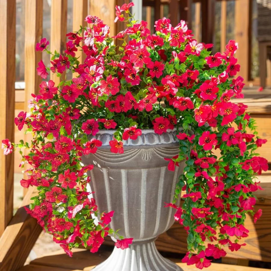 HyeFlora 2PCS UV Resistant Artificial Hanging Flowers for Outdoor Decor - Realistic Red & Blue Faux Plants for Porch, Patio, Balcony, and Yard