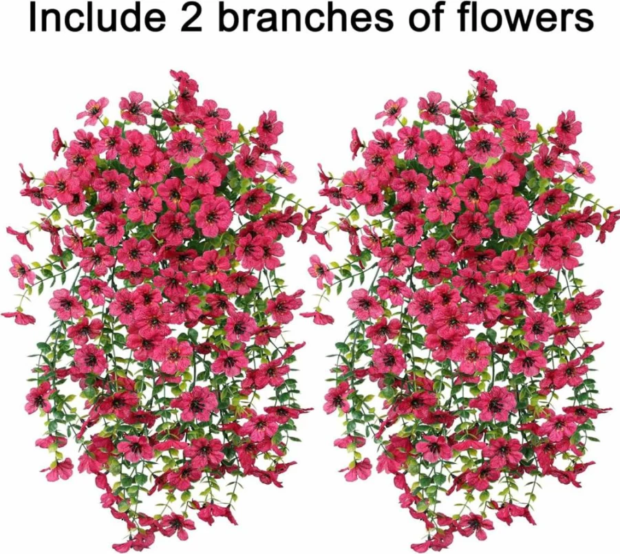 HyeFlora 2PCS UV Resistant Artificial Hanging Flowers for Outdoor Decor - Realistic Red & Blue Faux Plants for Porch, Patio, Balcony, and Yard