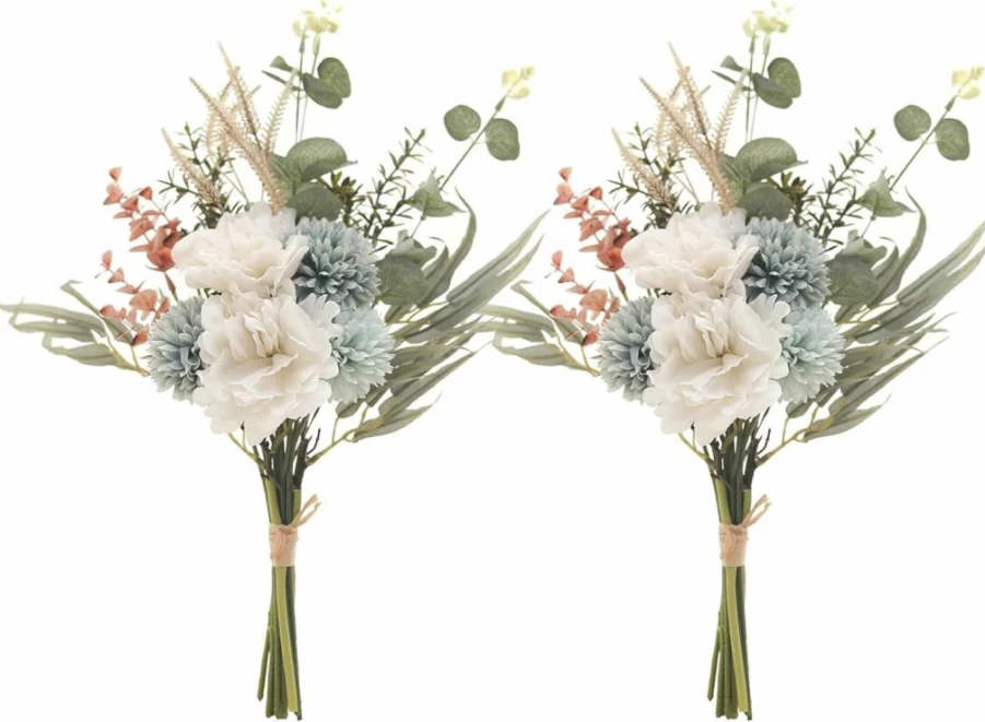 2Pcs SHIENOR Artificial Silk Peonies Bouquet - White & Green Faux Flowers for Wedding, Bridal, Rustic Home Decor, Table Centerpieces, and Indoor Floral Arrangements